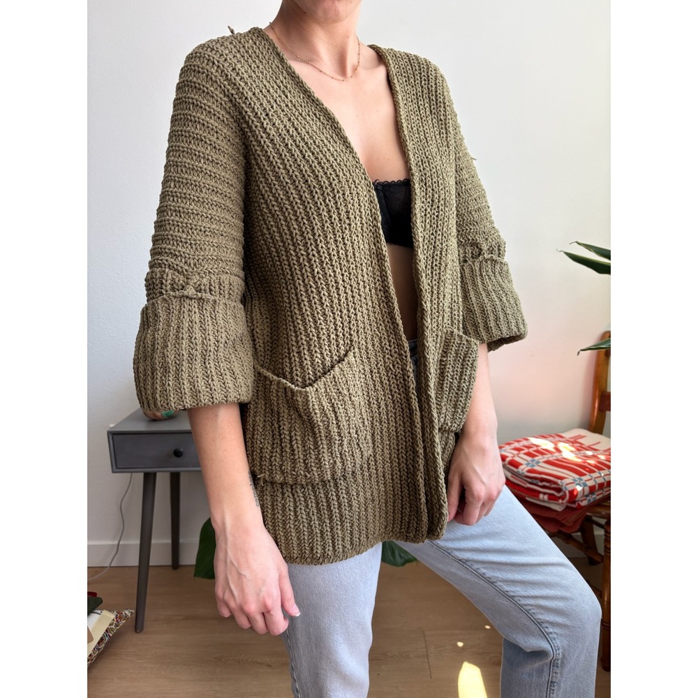POL Olive Green Chunky Knit Open Front Cardigan Oversized Pockets Small